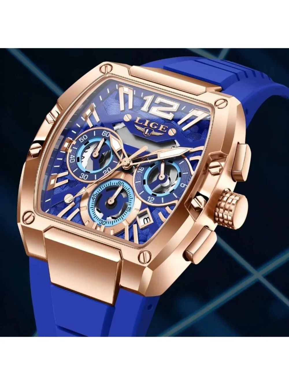 Men's Blue and Bright Copper Square Chronograph Stainless Steel Quartz Watch